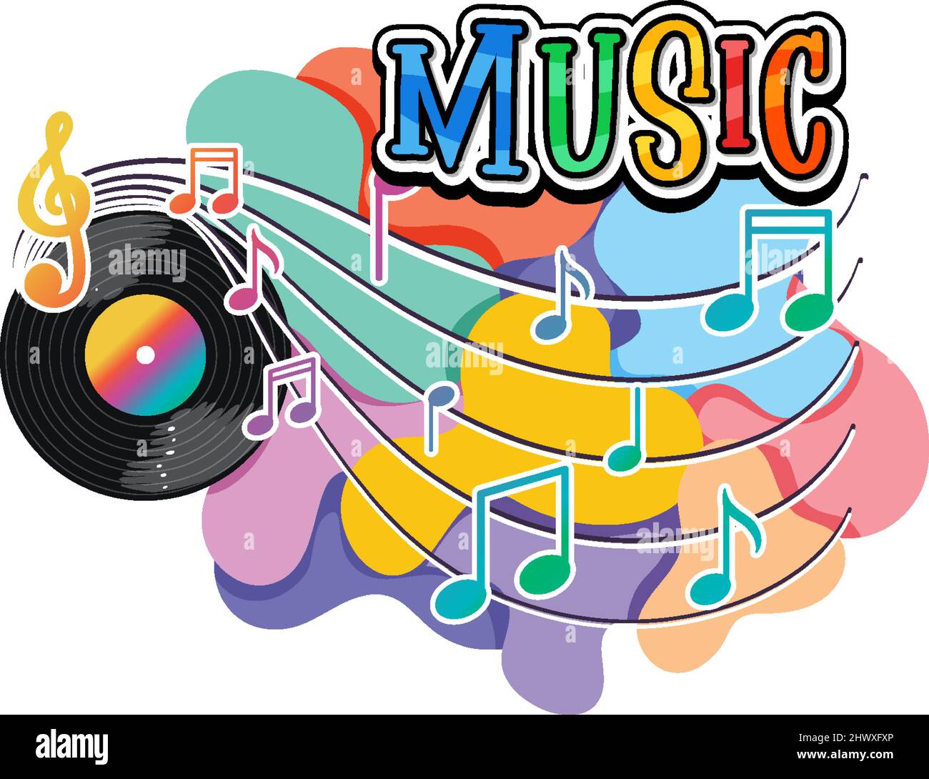 Schriftdesign für Wortmusik mit Noten auf weißem Hintergrund Stock Vektor