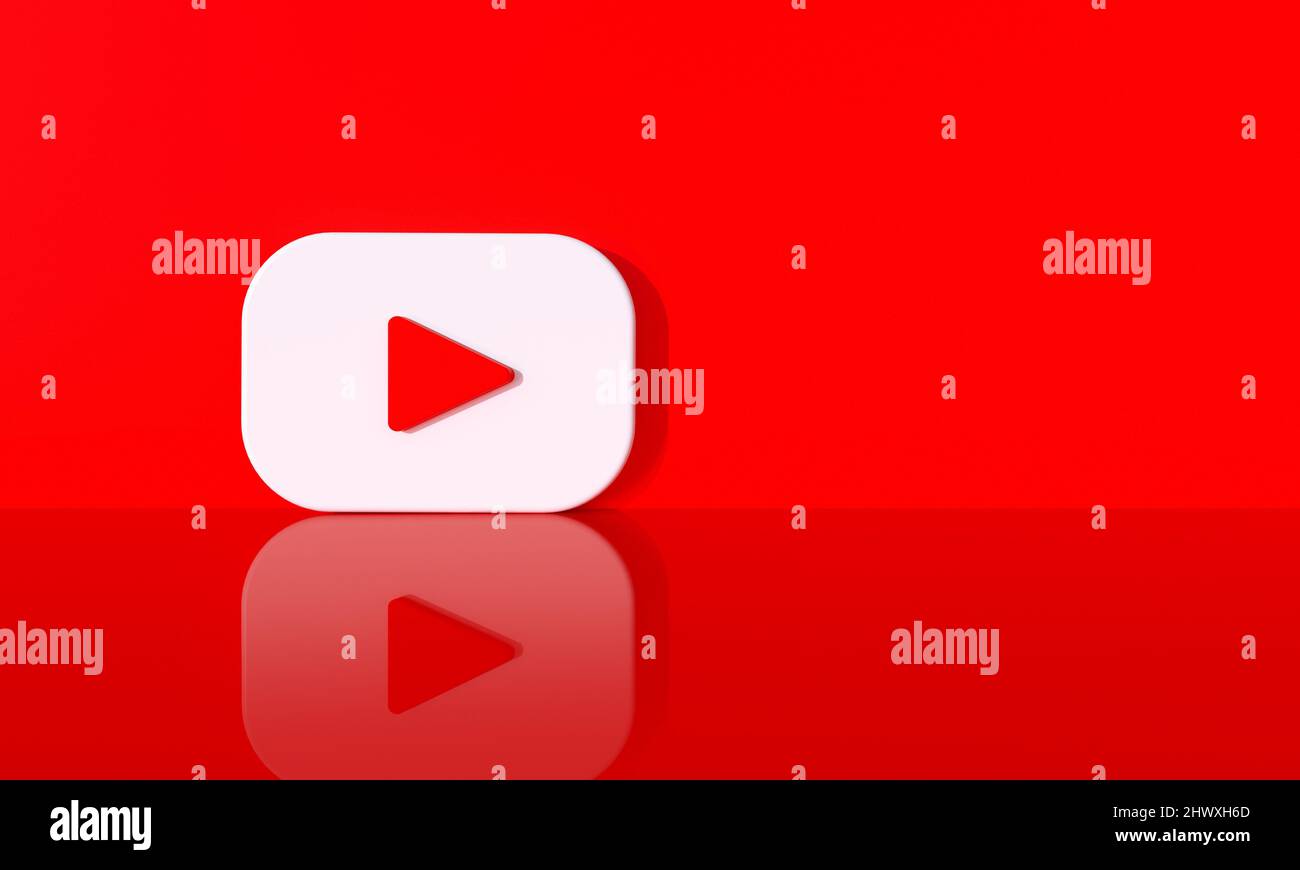 YouTube-Logo auf rotem Wandhintergrund mit hartem Schatten und Platz für Text und Grafiken. 3D Rendering. Stockfoto