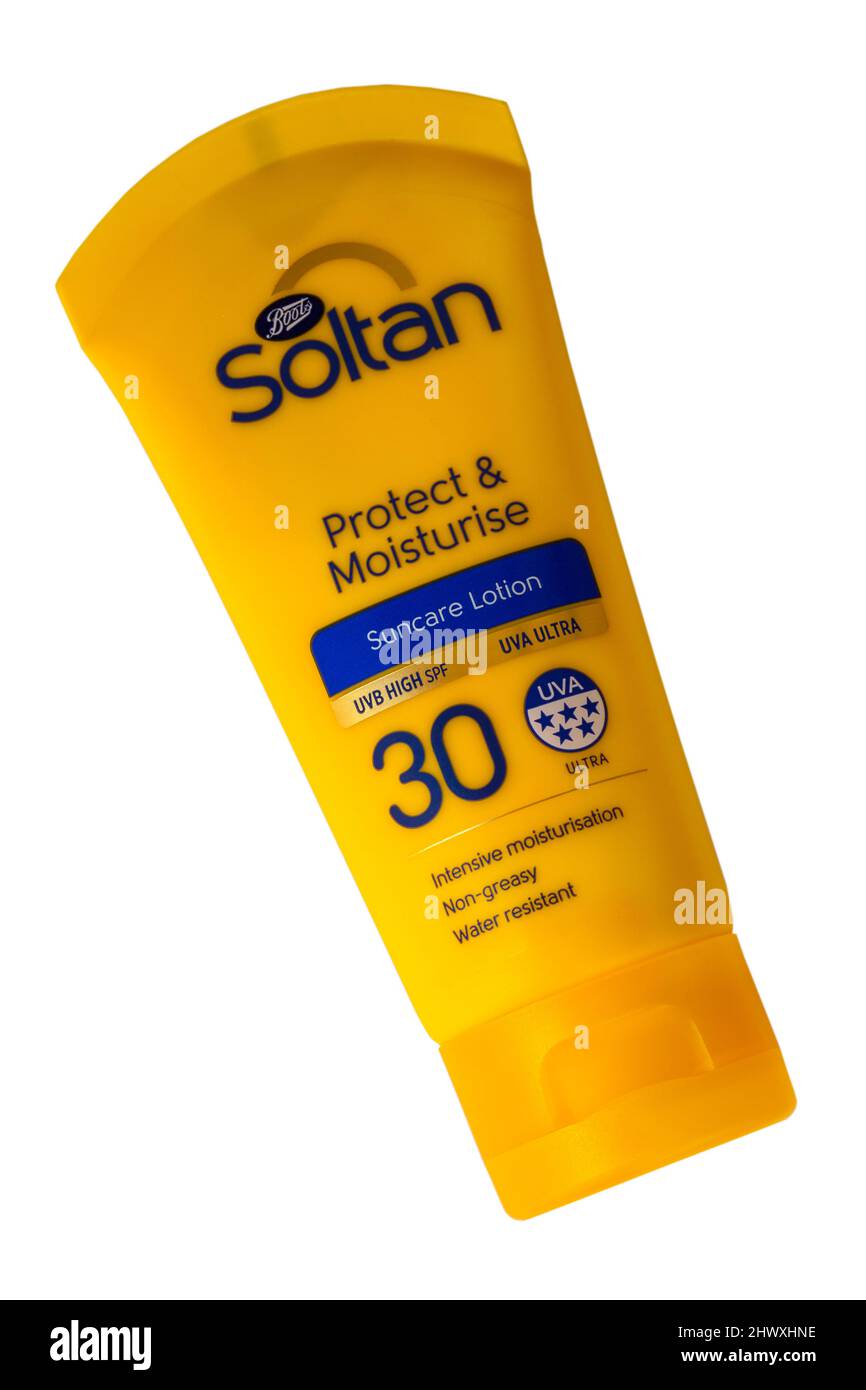 Stiefel Soltan Protect & Moisturize Suncare Lotion 30 UVB High SPF UVA Ultra isoliert auf weißem Hintergrund Stockfoto