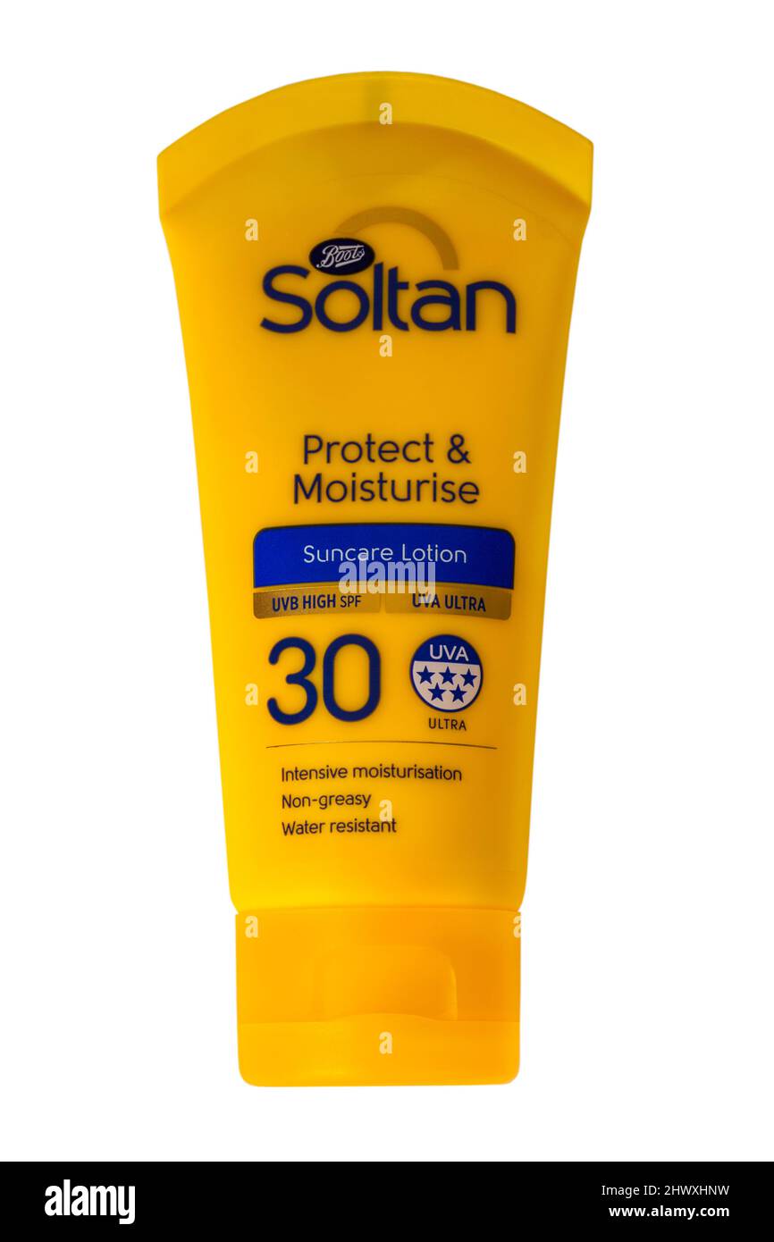 Stiefel Soltan Protect & Moisturize Suncare Lotion 30 UVB High SPF UVA Ultra isoliert auf weißem Hintergrund Stockfoto