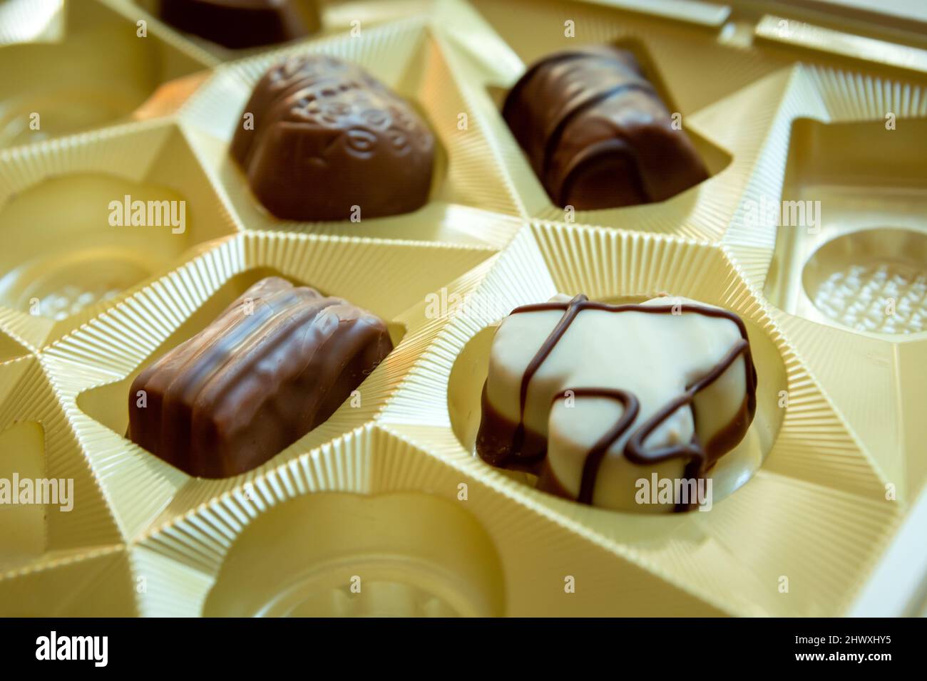 Verschiedene Pralinen in einer eleganten Schokoladenschachtel Stockfoto