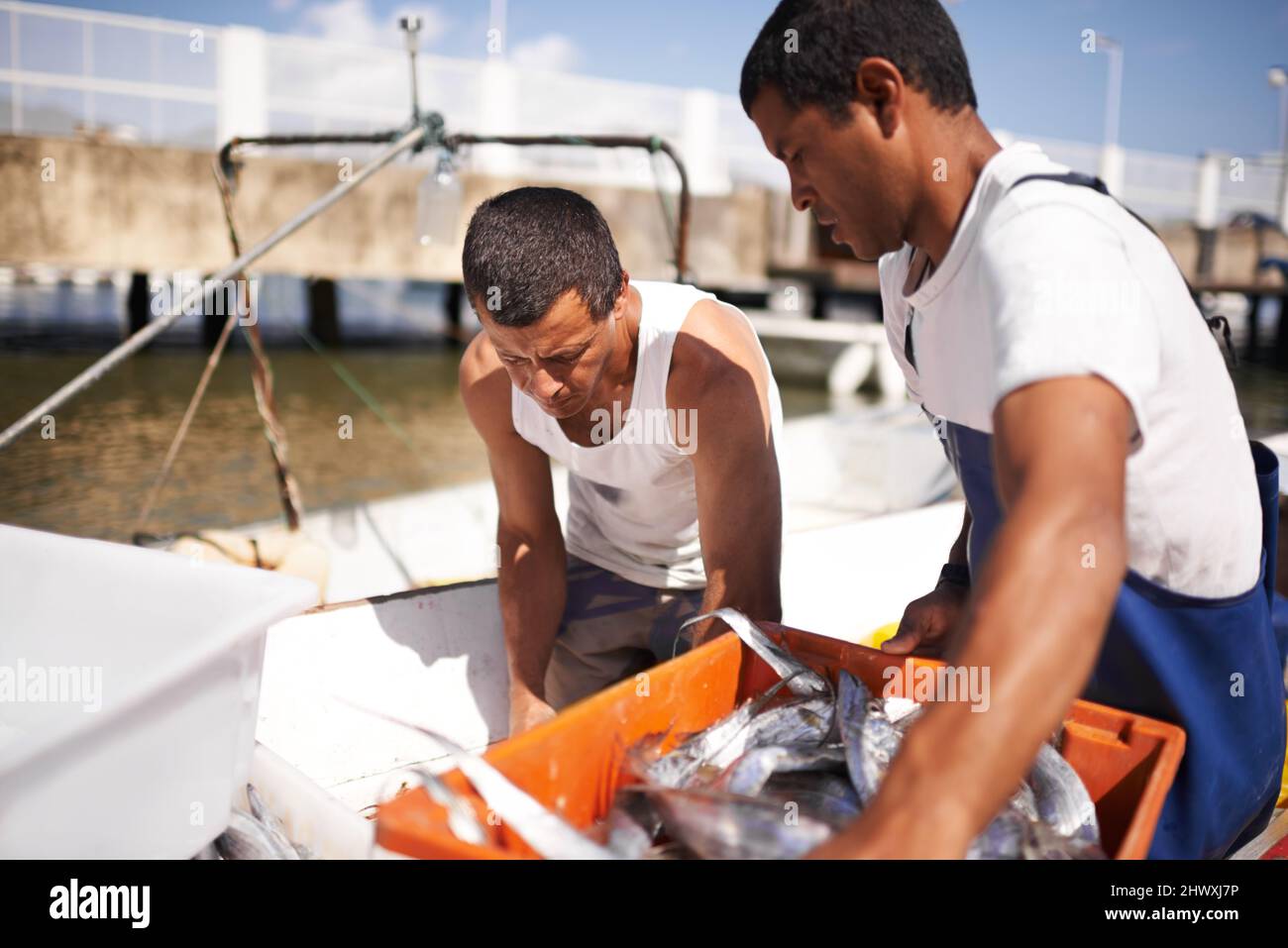 Es ist harte Arbeit, ein Fischer zu sein. Kurzer Schuss von zwei Fischern auf ihrem Boot mit den Fischen, die sie gefangen haben. Stockfoto