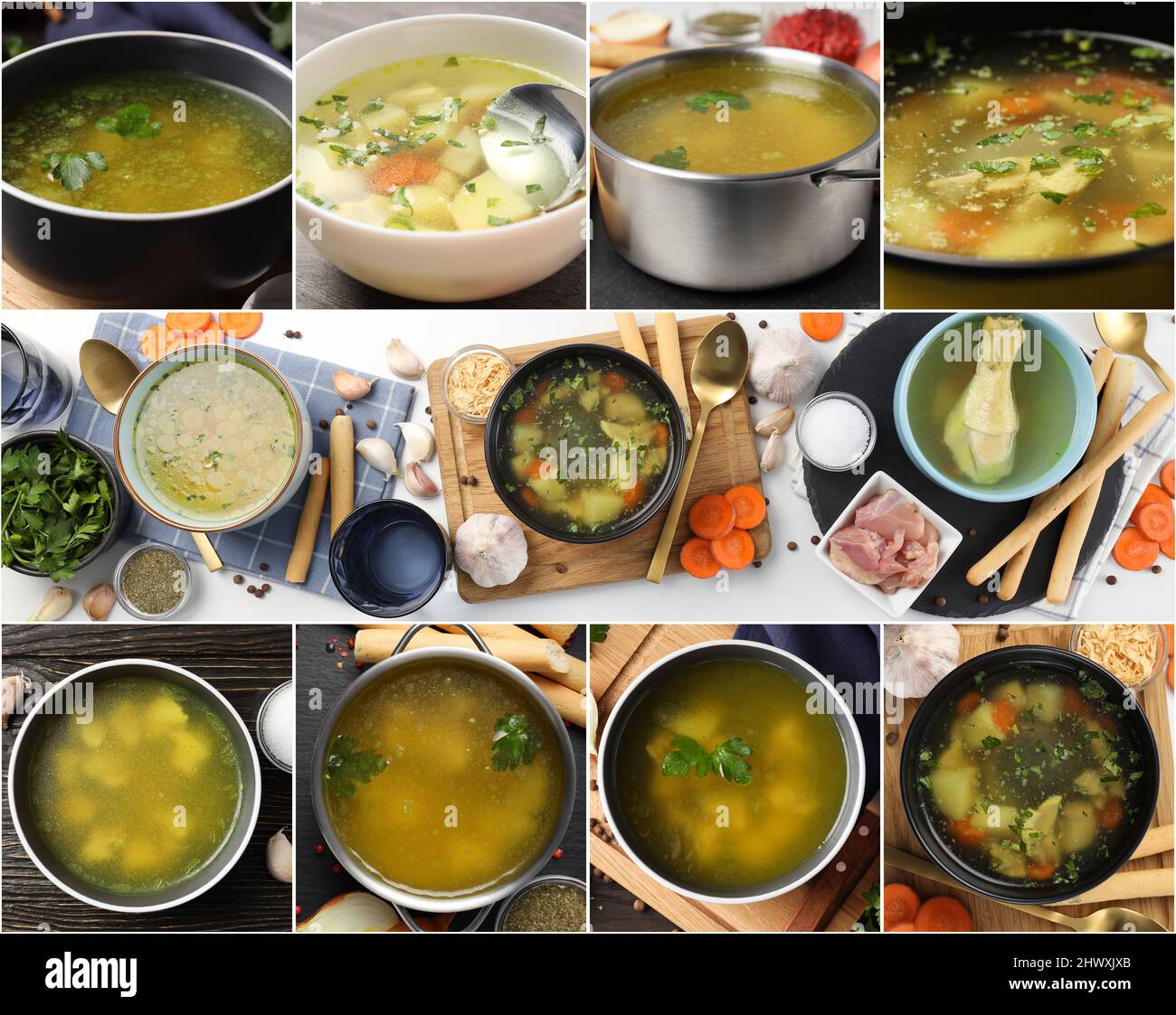 Fotocollage verschiedener Kompositionen mit Hühnersuppe Stockfoto