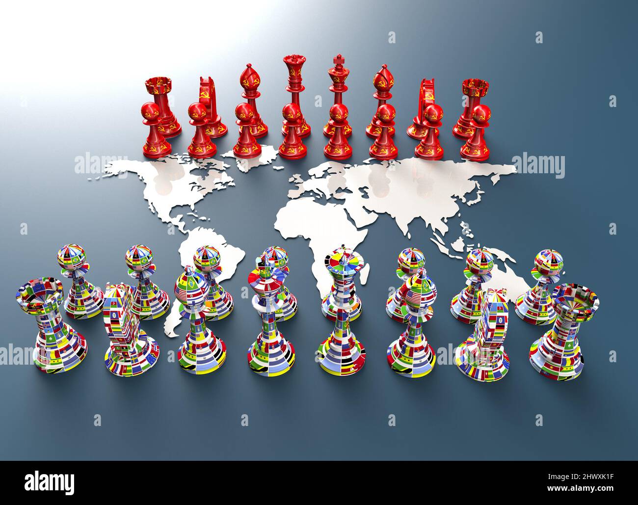 Symbol für Krieg und Geopolitik in der Welt mit Schachfiguren. Sowjet gegen die Welt. Stockfoto