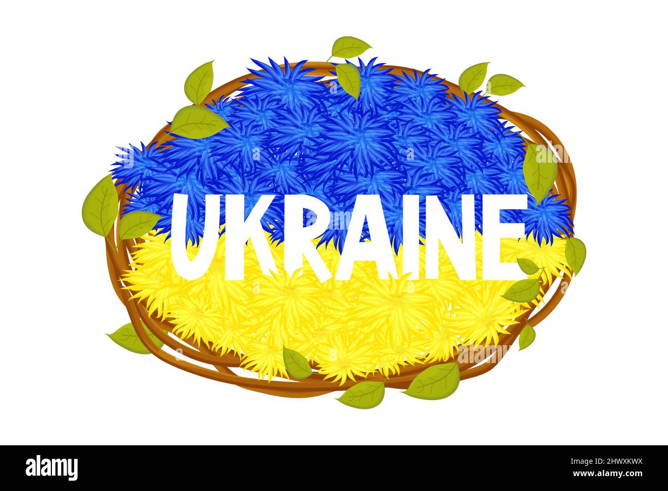 Ukrainische Flagge, Nationalflagge aus Blumen Text Ukraine mit zwei Farben blau und gelb, Rahmen aus Stäben mit Blättern im Cartoon-Stil. Elemente für das Design. . Vektorgrafik Stock Vektor