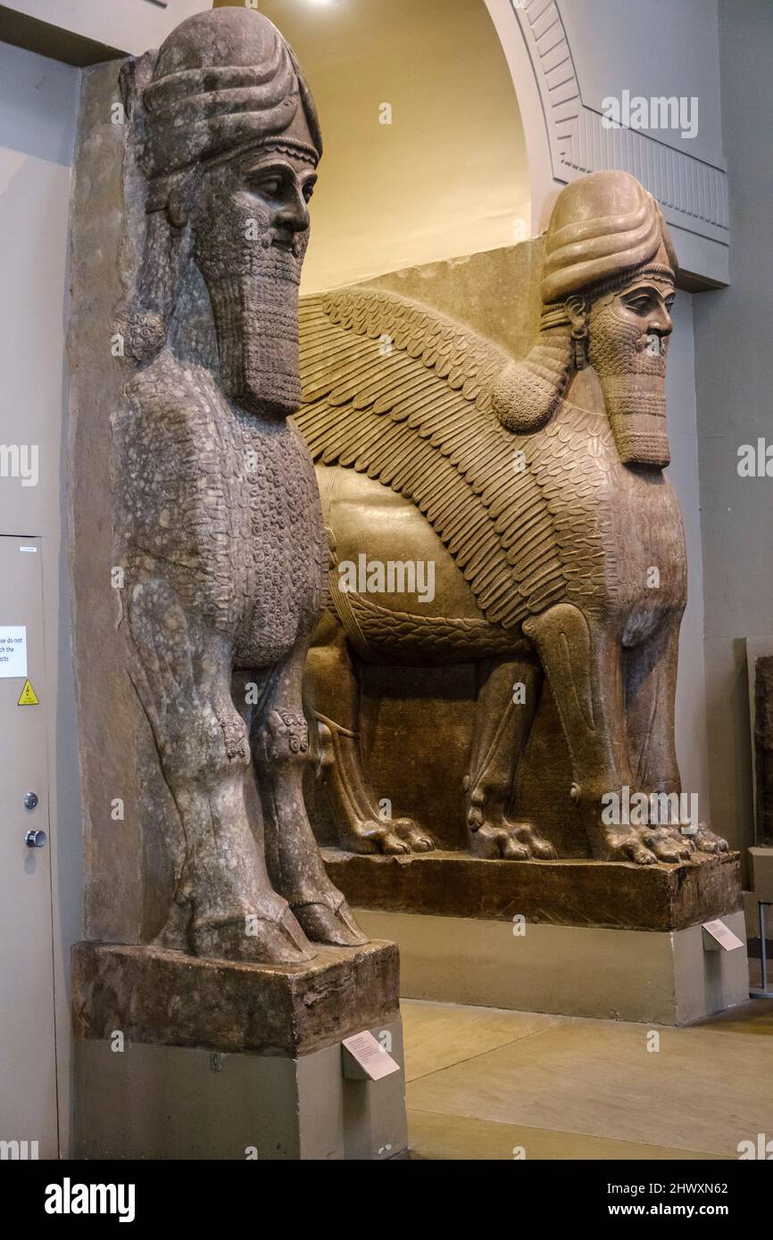 Geflügelter, menschkopfiger Stier und geflügelter, menschkopfiger Löwe, Assyrer, 865-860 v. Chr., aus dem Nimrud-Palast im Nordwesten des Vereinigten Königreichs, dem britischen Museum, London, England, Great B. Stockfoto