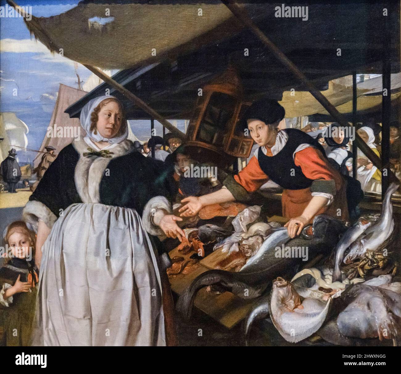 Emanuel de Witte, Adriana van Heusden und Doughter auf dem Fischmarkt, 1662, Öl auf Leinwand, National Gallery, London, England, Großbritannien Stockfoto