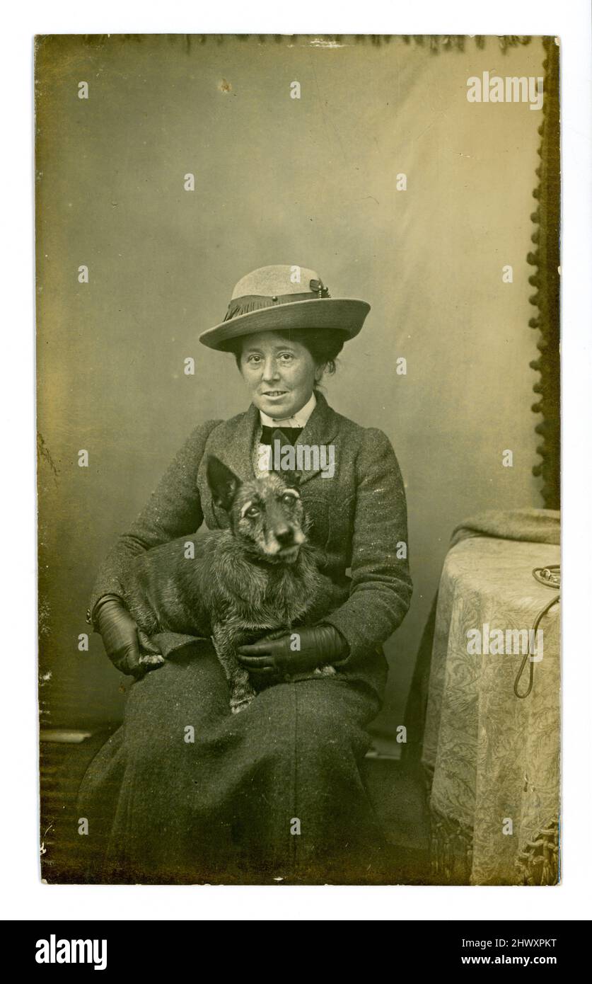 Originalpostkarte aus der Zeit nach Edwardian mit einer Frau mittleren Alters, die Mode der Zeit trug - ein zweiteiliger Tweed-Anzug, langer Rock, Hut und Handschuhe, mit einem alten Drahtkorgi (möglicherweise), der auf ihrem Schoß sitzt. Datiert 1911, Großbritannien Stockfoto