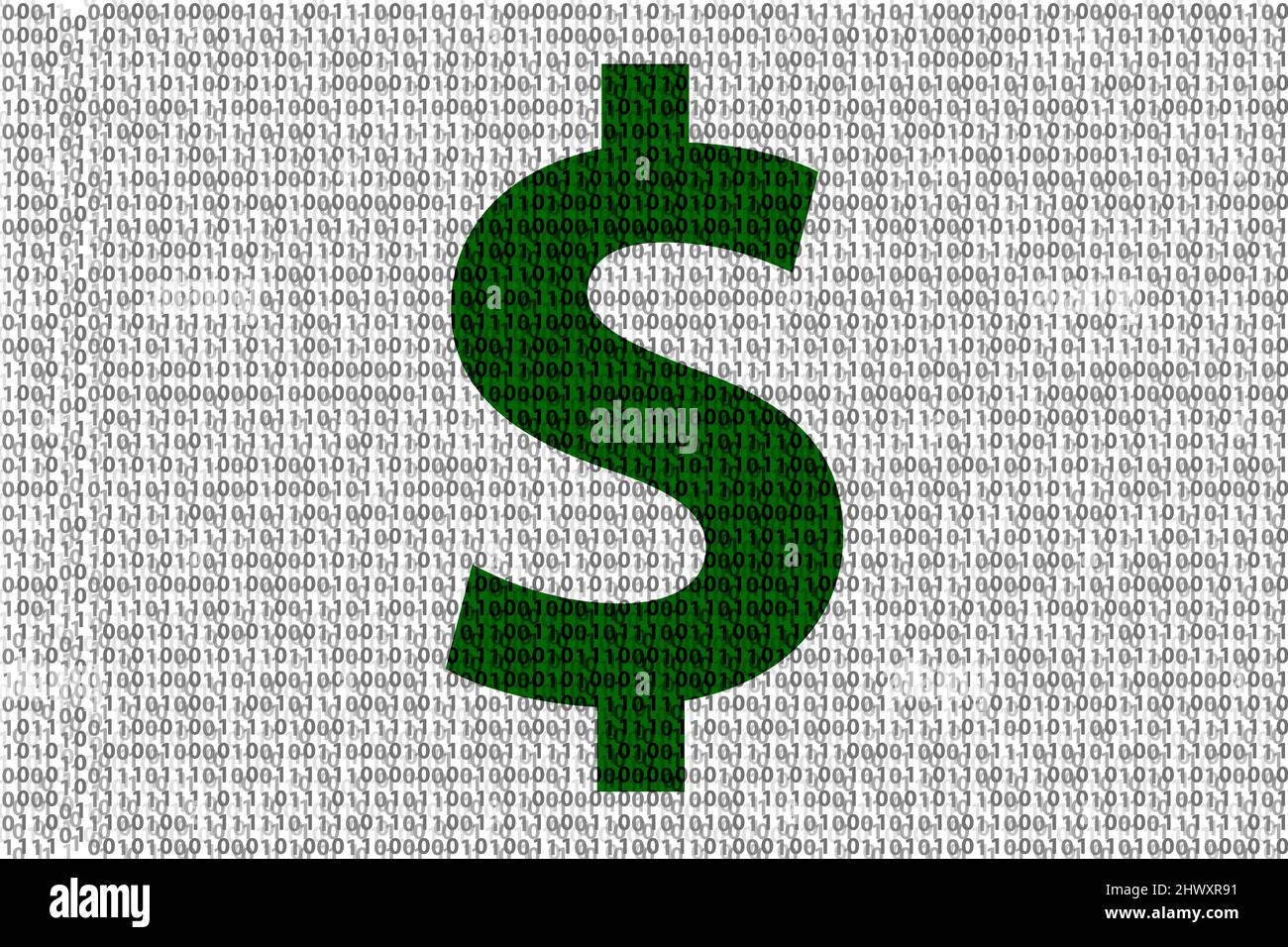 Dollar-Währungssymbol im Binärcode, bestehend aus 0 und 1. Stellt die Sicherheit digitaler Cyberbanken und Hacker-Angriffe dar Stockfoto