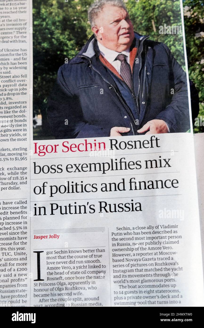 Der Chef von Igor Sechin Rosneft steht für eine Mischung aus Politik und Finanzen in Putins Russia' Guardian-Schlagzeile 5. März 2022 London UK Stockfoto