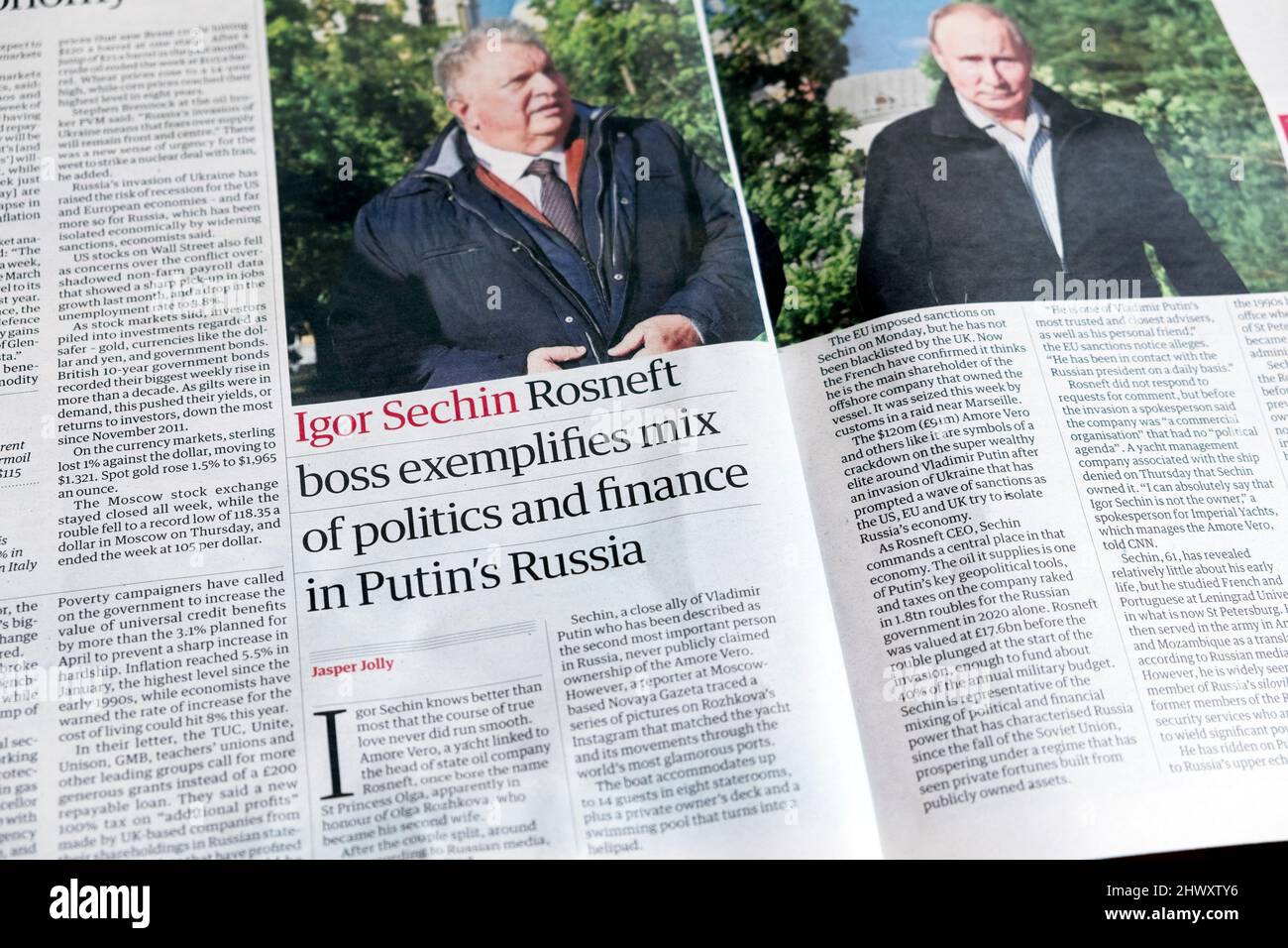„Igor Sechin Rosneft-Chef steht für eine Mischung aus Politik und Finanzen in Putins Russia“, titelt die Zeitung Guardian Putin am 5. März 2022 London UK Stockfoto