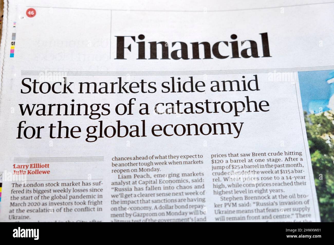 „Die Aktienmärkte rutschen inmitten der Warnungen vor einer Katastrophe für die Weltwirtschaft ab“, titelte der Financial Guardian-Zeitung, 5. März 2022 London, Großbritannien Stockfoto