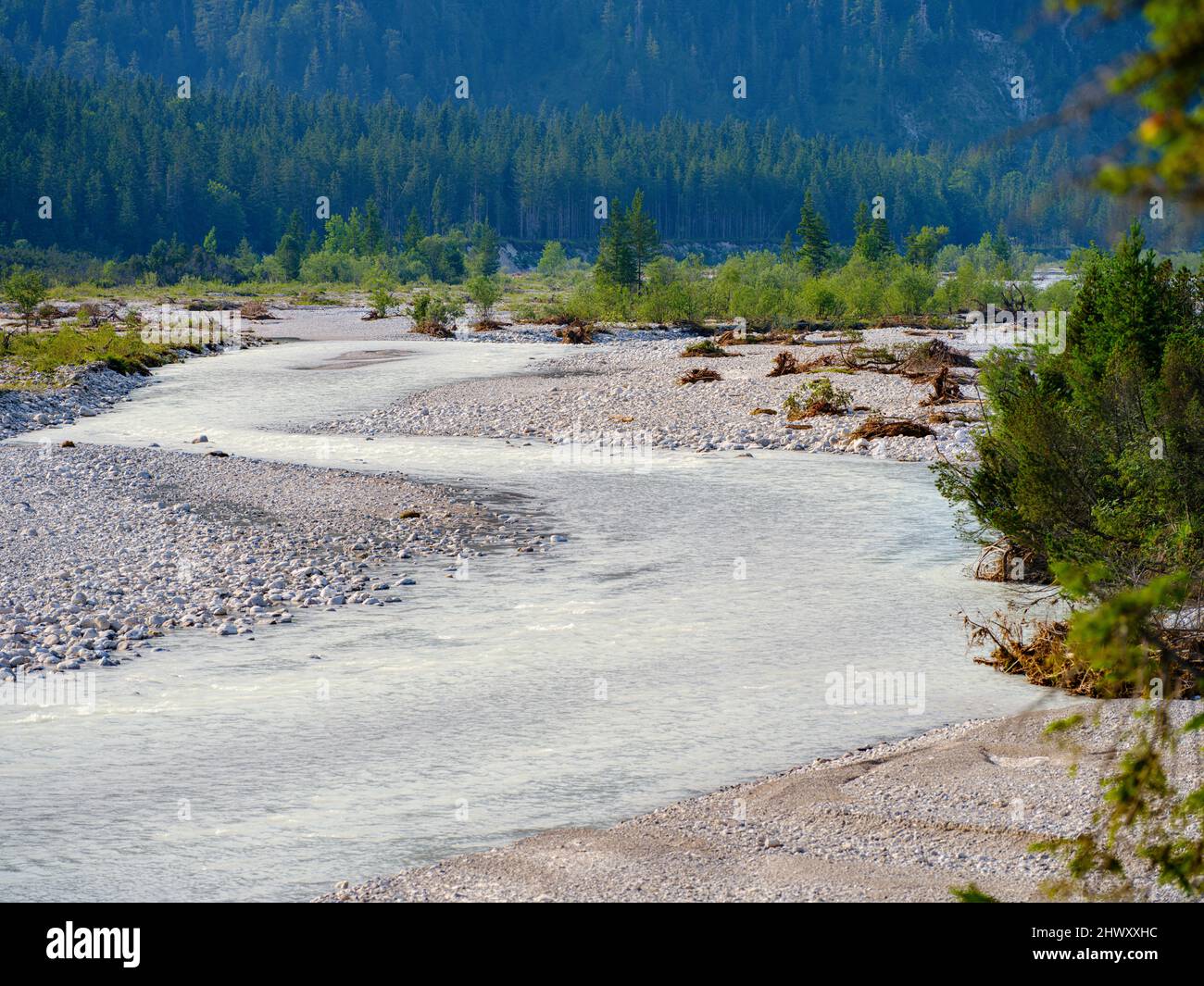 Rissbach, einer der wenigen wilden Flechtflüsse in Deutschland, in der Nähe des Dorfes Vorderriss im Karwendelgebirge. Europa, Deutschland, Bayern Stockfoto