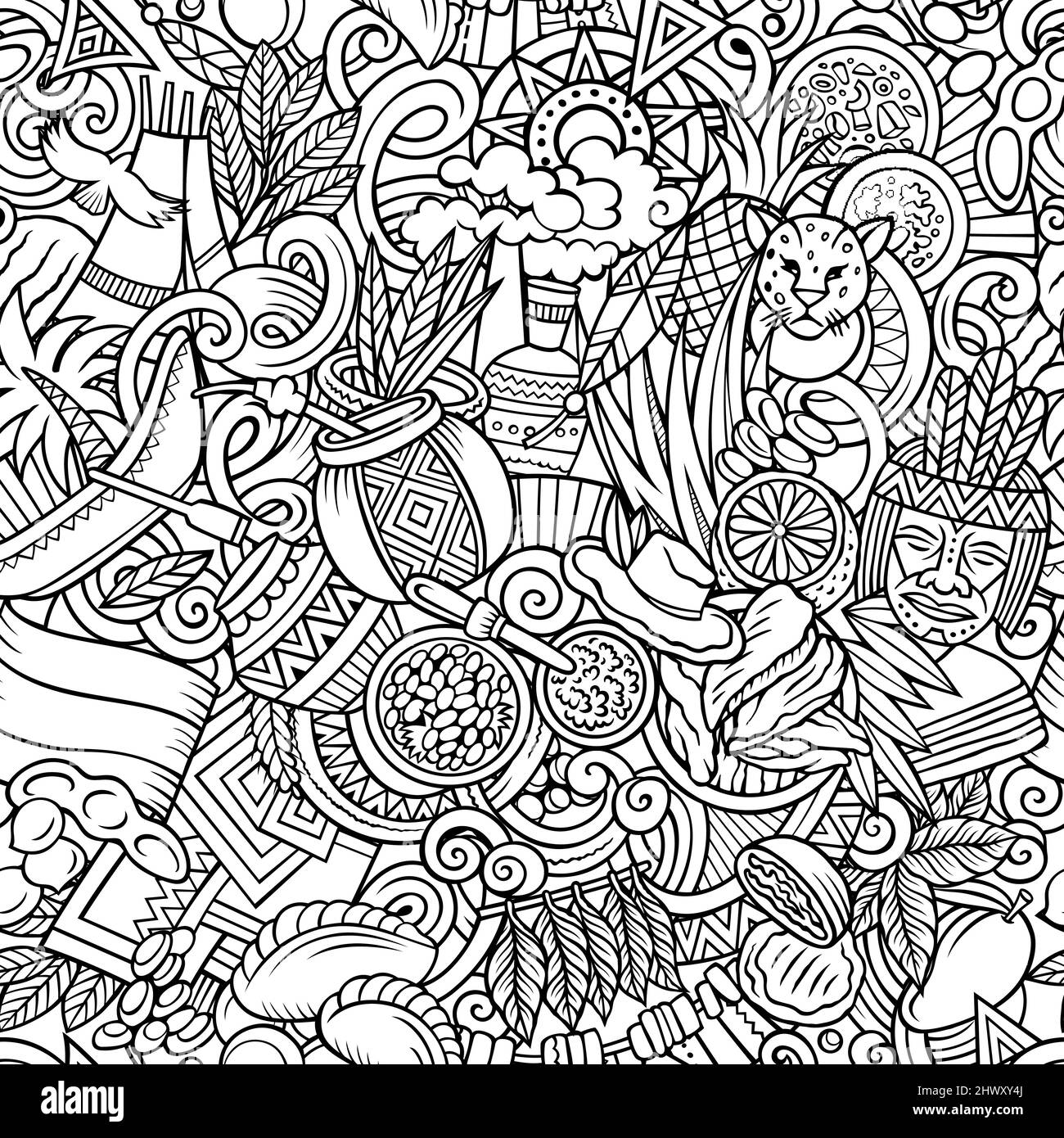 Cartoon Kritzeleien Paraguay nahtloses Muster. Hintergrund mit lateinamerikanischen Kultursymbolen und -Gegenständen. Skizzener Hintergrund für Druck auf Stoff, Textil, gr Stock Vektor