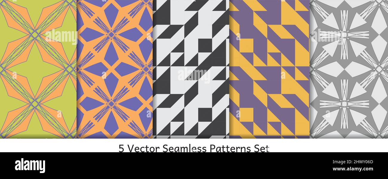 Set von 5 geometrischen Formen nahtlose Muster. Stock Vektor