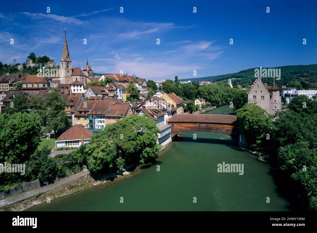 Blick über die Stadt an der Limmat, Baden, Kanton Aargau, Schweiz, Europa Stockfoto
