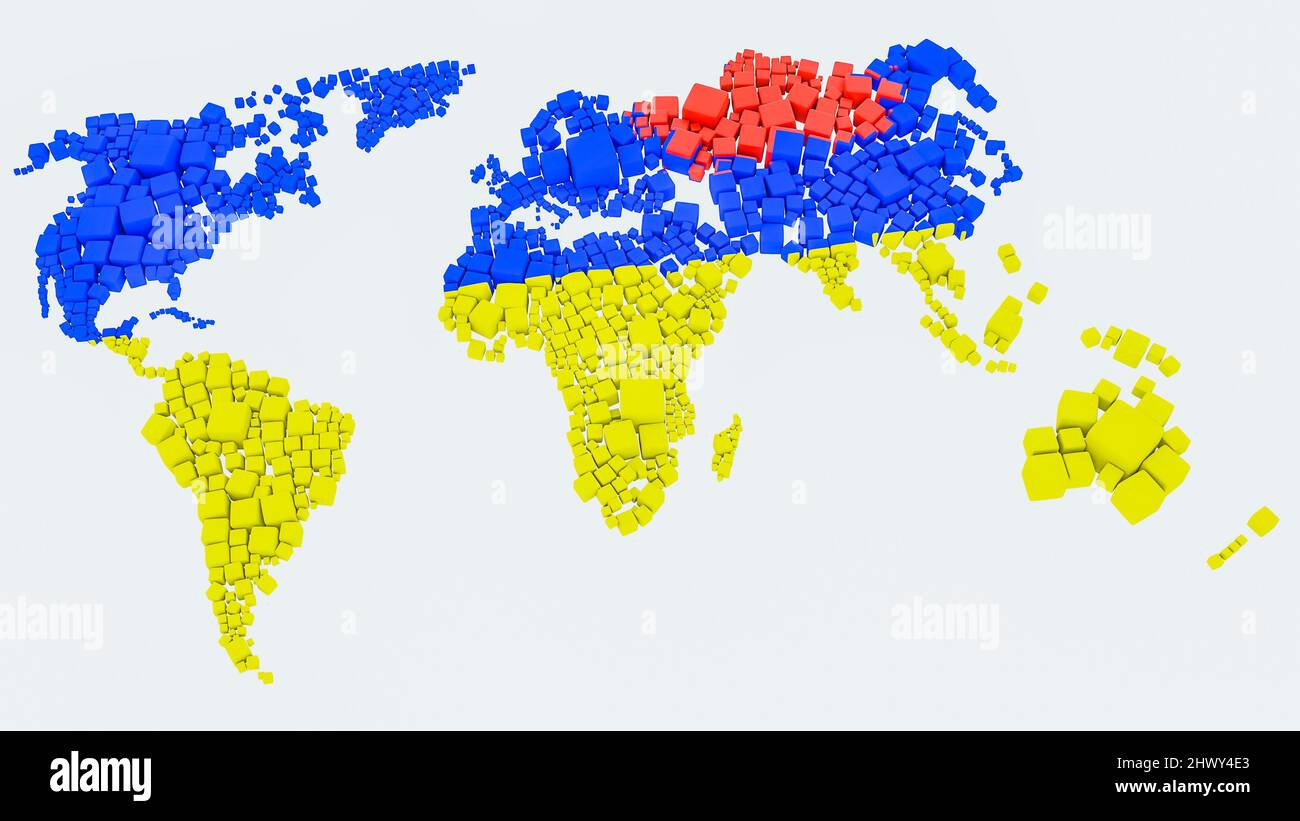 Die ukrainische Konfliktkriegskarte zeigt die geopolitische Opposition zwischen Russland und der Welt. Russland Ukraine Krieg Karte Konzept weltweit Menschen unterstützen Stockfoto