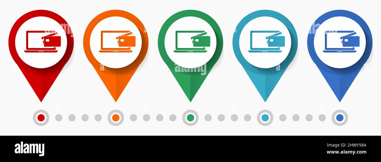 Online-Zahlung, Kreditkarte Konzept Vektor-Icon-Set, flache Design Business-Zeiger, Infografik Vorlage einfach zu bearbeiten Stock Vektor