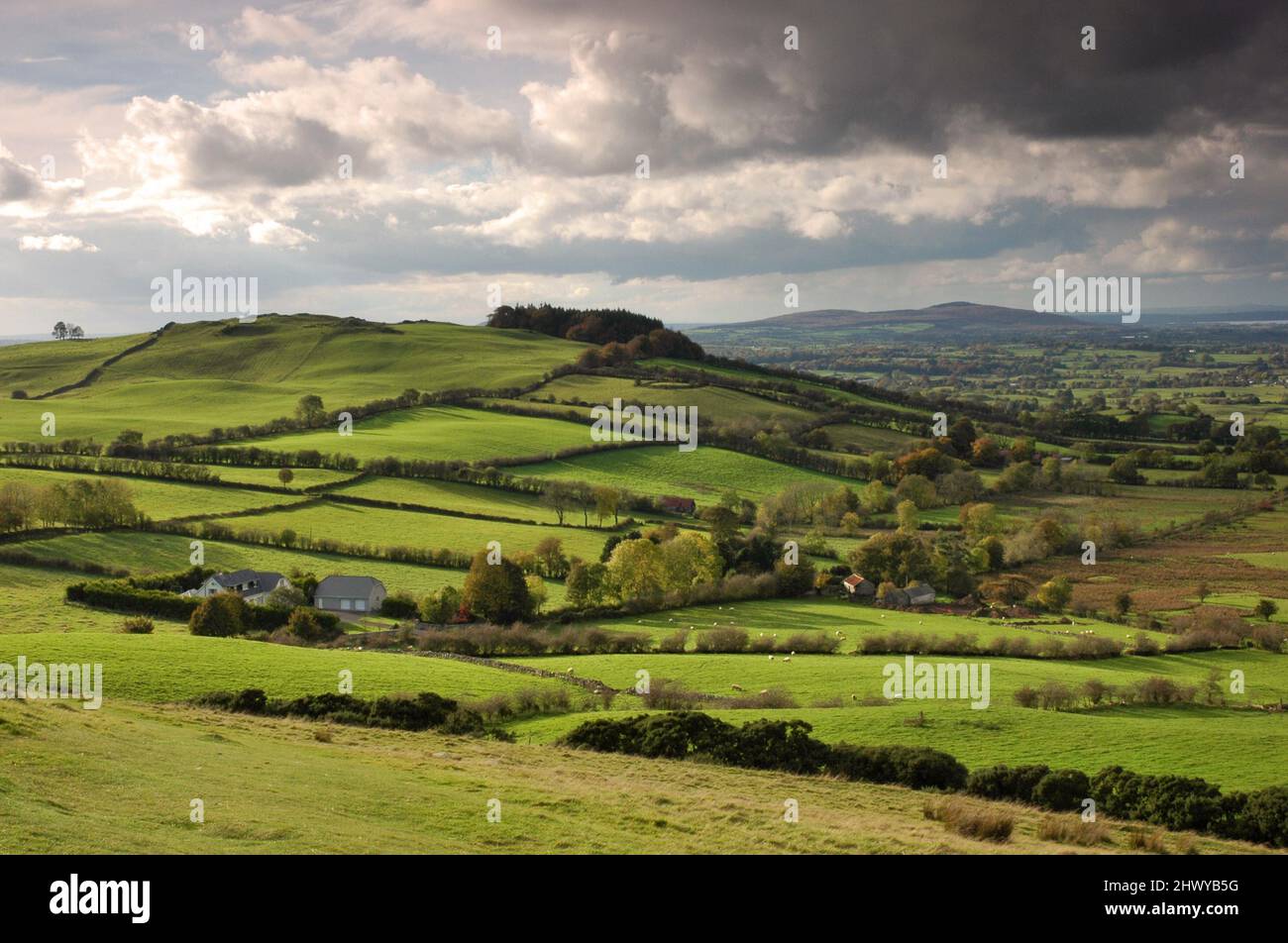 Grüne Hügel und Täler von Loughcrew in der Grafschaft Meath Irland. Stockfoto