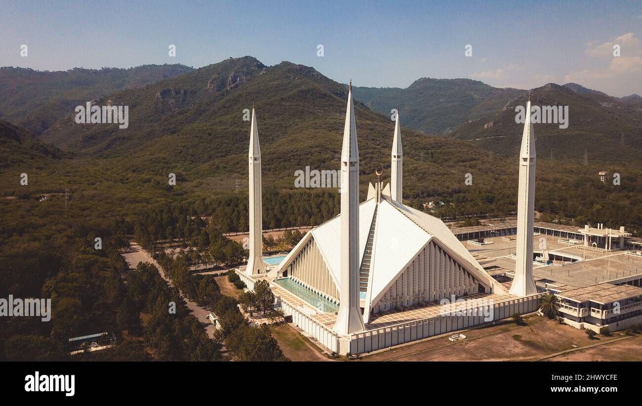 Blick auf die Haupt-Faisal-Moschee, am Fuße der Margalla Hills in Islamabad Hauptstadt, Pakistan Stockfoto