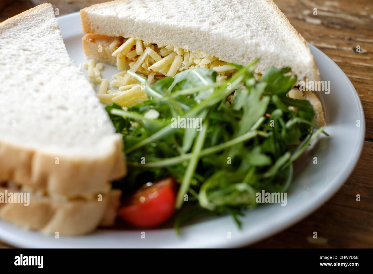 Ein frisch gemachter, geriebener Cheddar-Käse, Sandwich, mit Weißbrot zubereitet. Es wird mit einer Salatgarnitur auf einem weißen Teller serviert Stockfoto