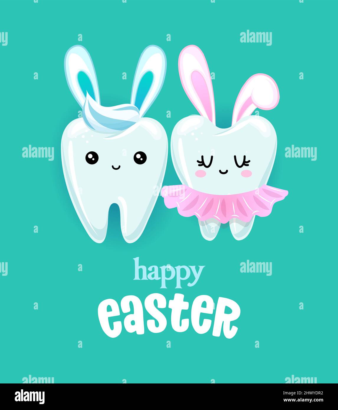 Happy Easter - Paingermuster im Kawaii-Stil. Handgezeichnete Zahnfee mit witzigem Zitat. Gut für Schulvorbeugung Plakate, Begrüßung Auto Stock Vektor
