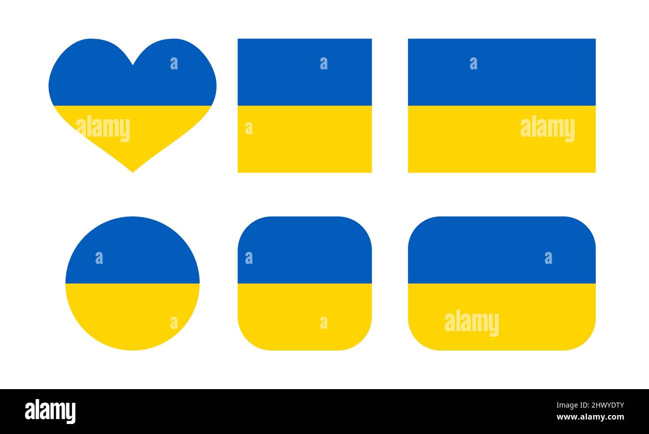 Beendet den Krieg, betet für die Ukraine - den russischen und ukrainischen Konflikt. Herz, quadratische und runde Form. Ukrainisches Flaggensymbol. Blaue und gelbe Abbildung. Stock Vektor