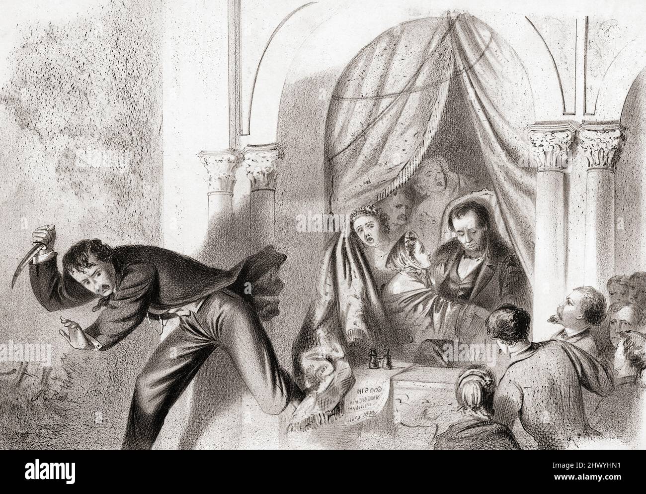 Das Attentat auf Präsident Abraham Lincoln am 14. April 1865 von John Wilkes Booth im Ford's Theatre, Washington, während des Theaterstücks Unser amerikanischer Cousin. Nach dem Schießen sprang Lincoln Booth von der Präsidentenbox auf die Bühne, um ihm zu entkommen. Nach einer zeitgenössischen Illustration. Stockfoto