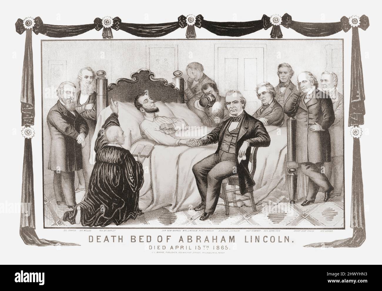 Der Tod von Präsident Abraham Lincoln am 15. April 1865, am Morgen, nachdem er von John Wilkes Booth im Ford's Theatre, Washington, angeschossen wurde. Nach einer zeitgenössischen Illustration. Stockfoto