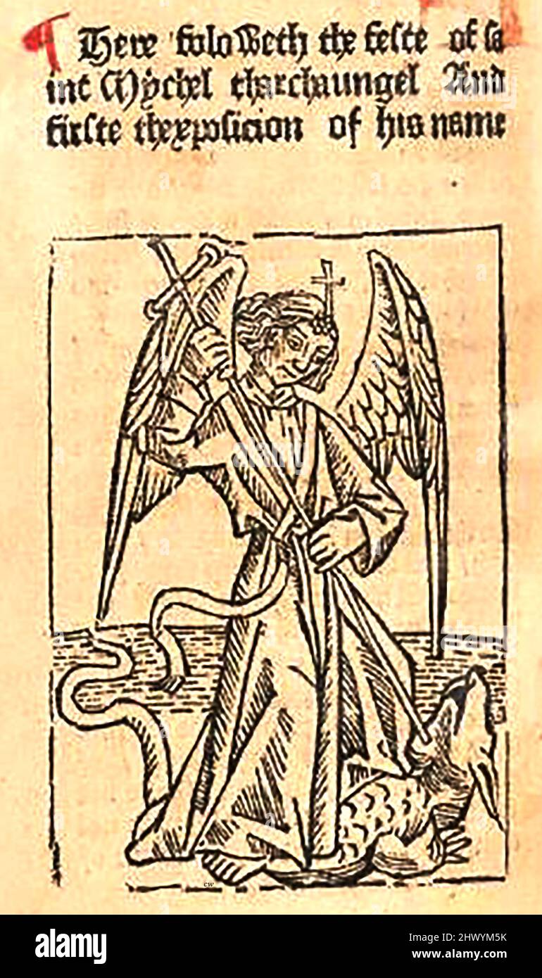 Holzschnitt aus dem 15.. Jahrhundert, der den Erzengel Michael bei der Tötung eines Drachen zeigt, gedruckt von William Caxton ( 1422-1491/92) in seiner Übersetzung von 'die goldene Legende' oder 'so endet die legende, die in Latyn legenda aurea genannt wird und in Englysshe die goldene legende heißt' von Jacobus, de Voragine (ca. 1229-1298). Stockfoto