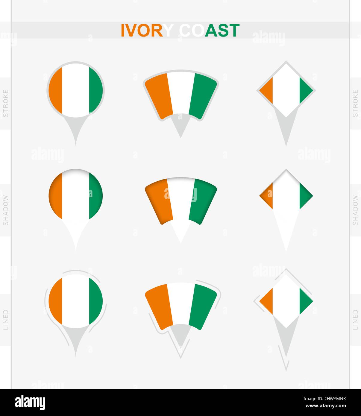 Flagge der Elfenbeinküste, Set von Positionsnadelikonen der Flagge der Elfenbeinküste. Vektordarstellung von nationalen Symbolen. Stock Vektor