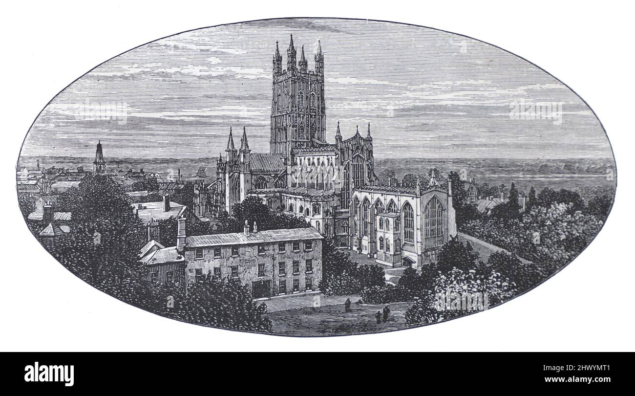 Gloucester Cathedral im 19.. Jahrhundert; Schwarz-Weiß-Illustration; Stockfoto
