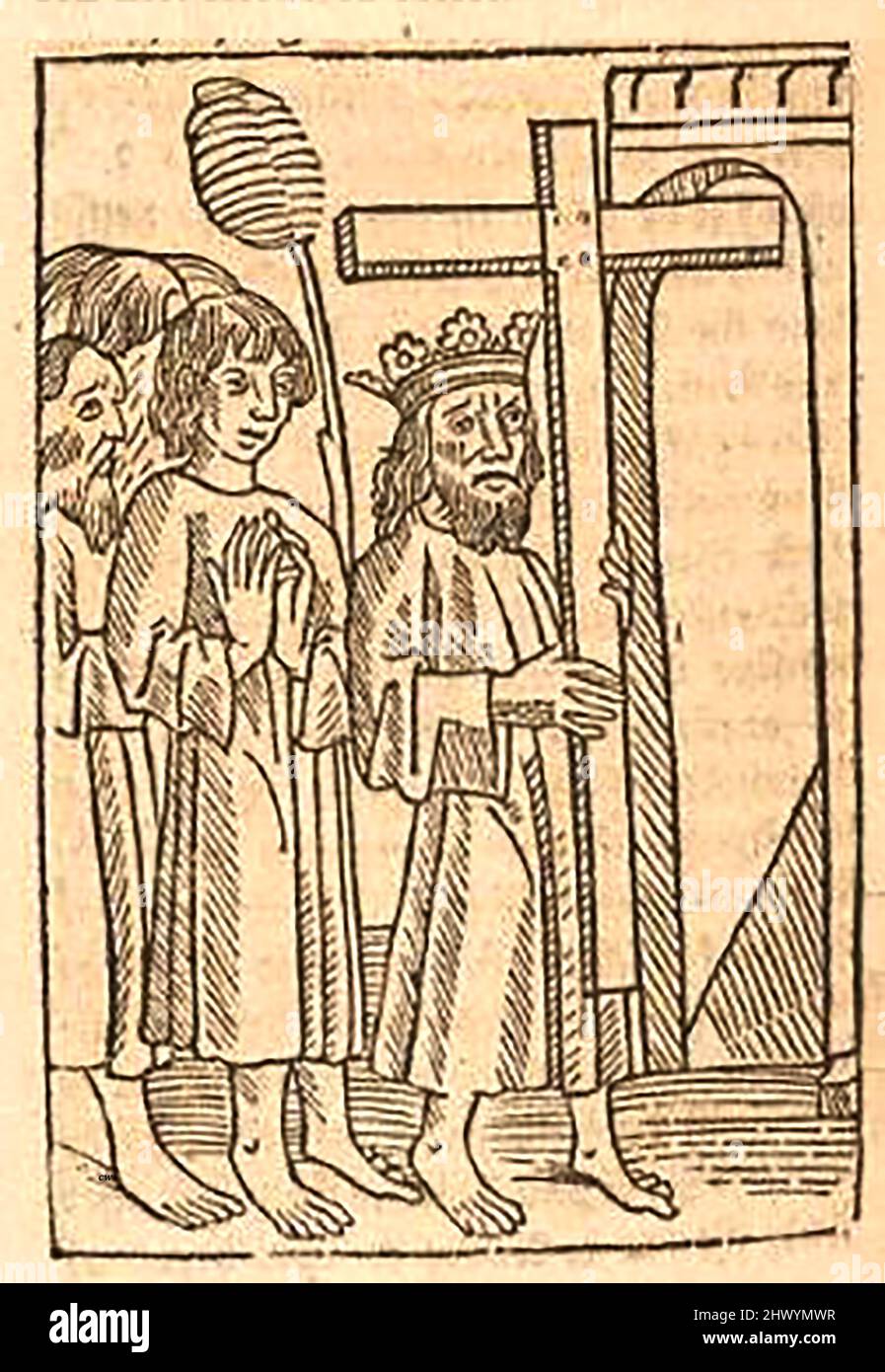 Holzschnitt aus dem 15.. Jahrhundert, der die Verherrlichung des wahren Kreuzes zeigt, das William Caxton ( 1422-1491/92) in seiner Übersetzung von 'die goldene Legende' oder 'so endet die legende, die in Latyn legenda aurea genannt wird, das heißt in Englysshe die goldene legende zu sagen' von Jacobus, de Voragine (um 1229-1298). Stockfoto