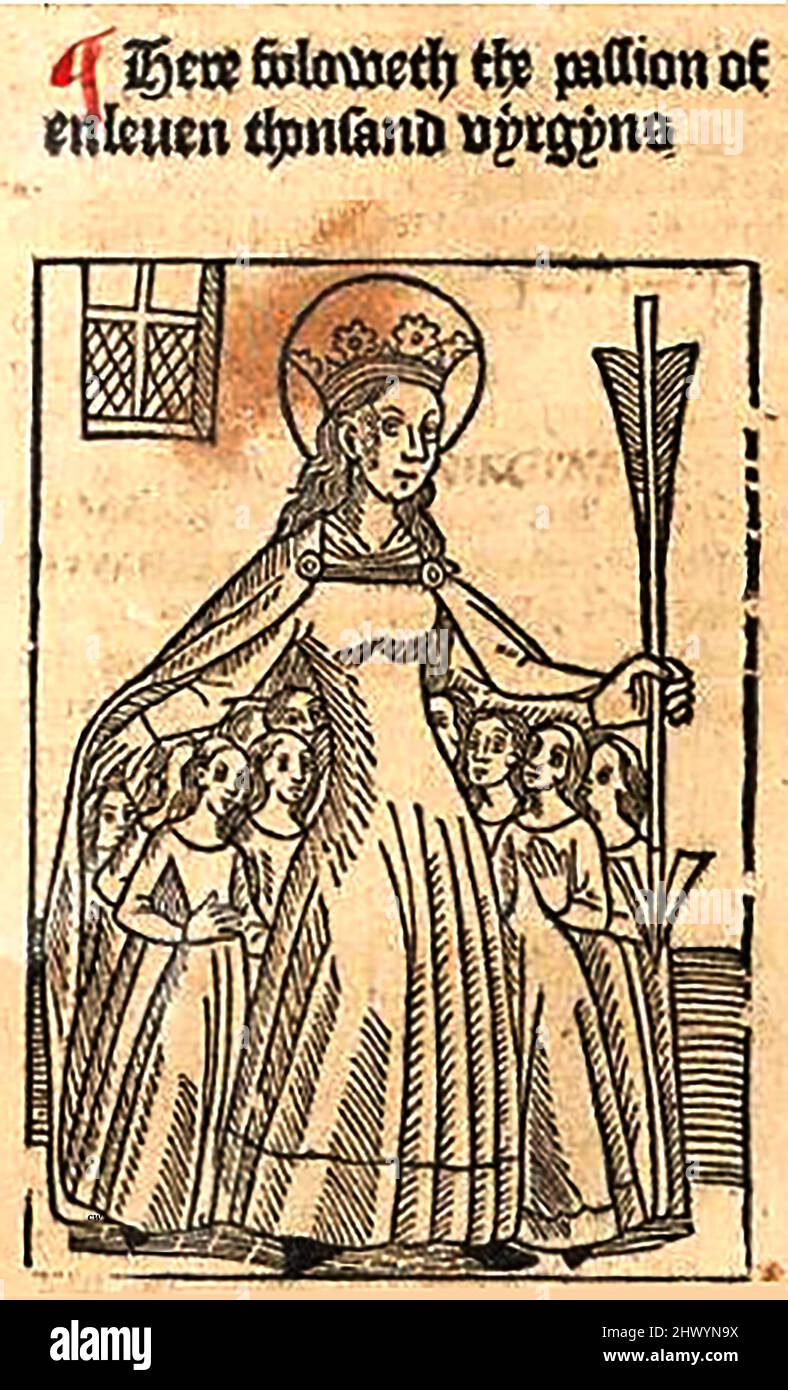 Holzschnitt aus dem 15.. Jahrhundert, der die Passion der Heiligen Jungfrauen zeigt, gedruckt von William Caxton ( 1422-1491/92) in seiner Übersetzung von 'The Golden Legend' oder 'so endet die legende, die in Latyn legenda aurea genannt wird und in Englysshe die goldene legende heißt' von Jacobus, de Voragine (um 1229-1298). Stockfoto