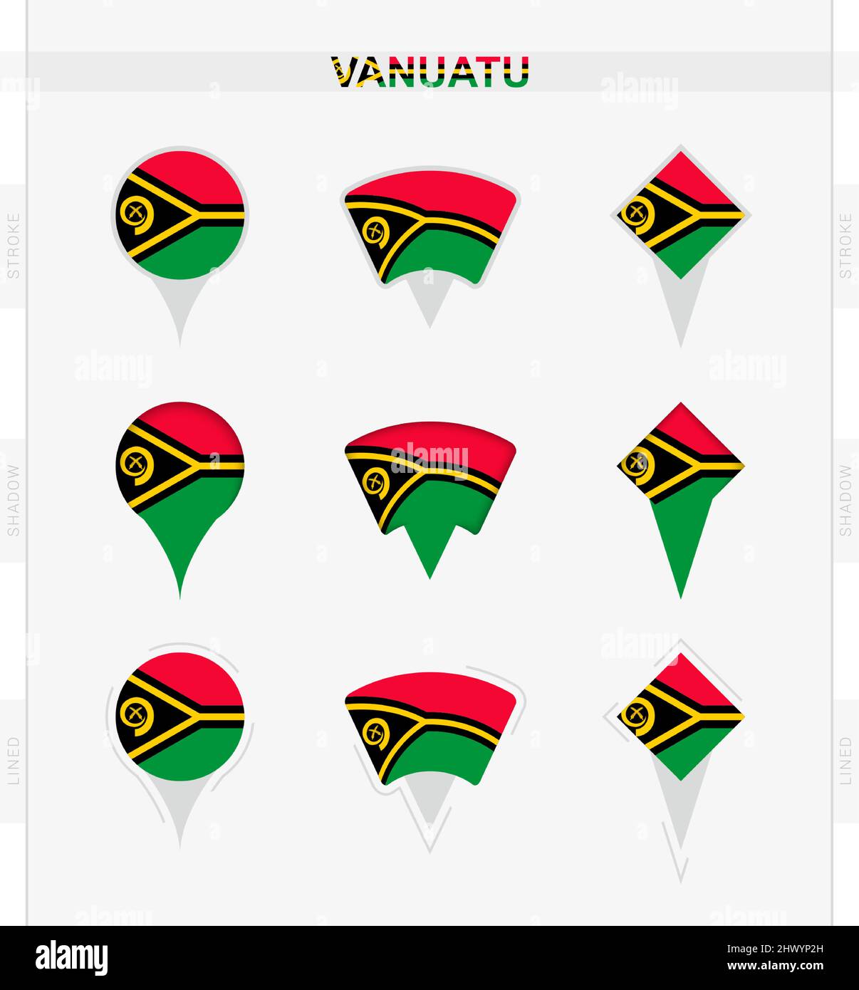 Vanuatu-Flagge, Satz von Positionsnadelikonen der Vanuatu-Flagge. Vektordarstellung von nationalen Symbolen. Stock Vektor