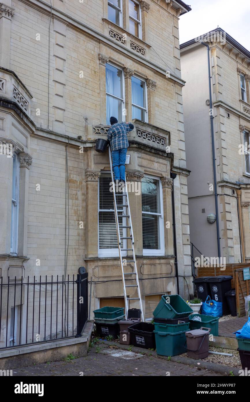 Mann auf eine Leiter, um Ziegelarbeiten an einem Haus zu reparieren (März 22) Stockfoto