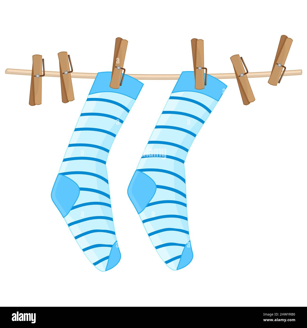 Socken hängen auf roped.Blue gestreiften Socken auf Wäscheleine.Baumwolle  oder Wolle Socke trocken und hängen an Wäschesteine mit  Wäscheklammer.Wäschetrocknung Symbol.Vektor Stock-Vektorgrafik - Alamy