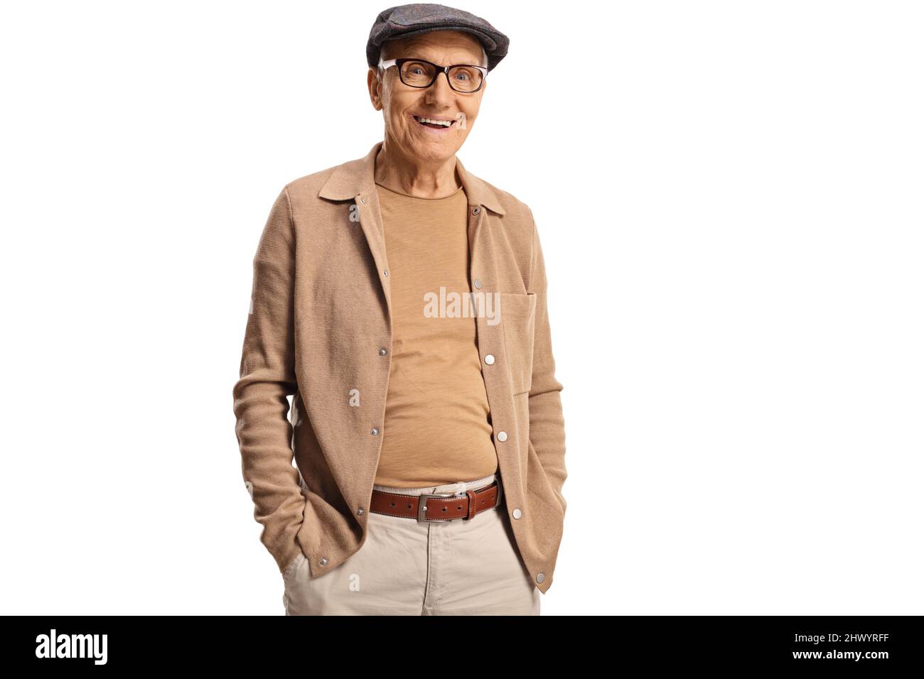 Fröhlicher älterer Herr isoliert auf weißem Hintergrund Stockfoto