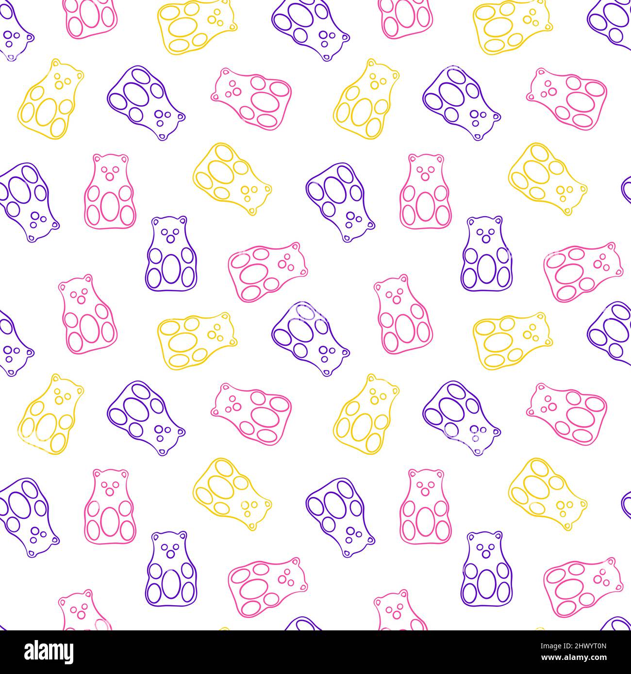 Nahtloses Muster mit süßen Jelly-Bären. Farbige Bonbons auf weißem Hintergrund. Vektorgrafik. Stock Vektor