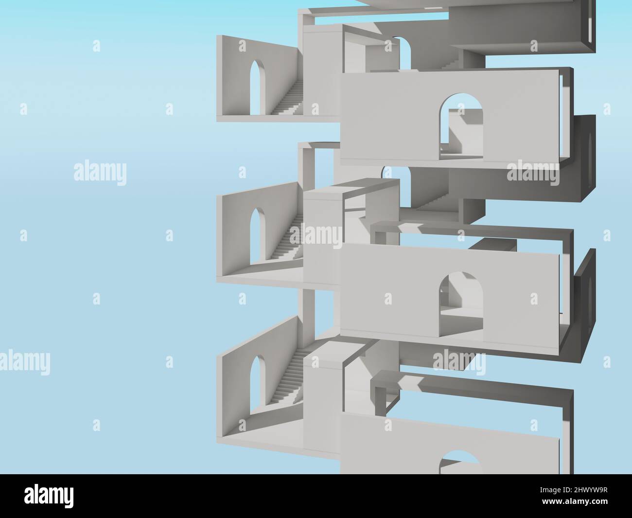 Abstrakte weiße Turmstruktur auf hellblauem Himmel Hintergrund, leere Ebenen mit Treppen und Bogentüren, 3D Rendering Illustration Stockfoto