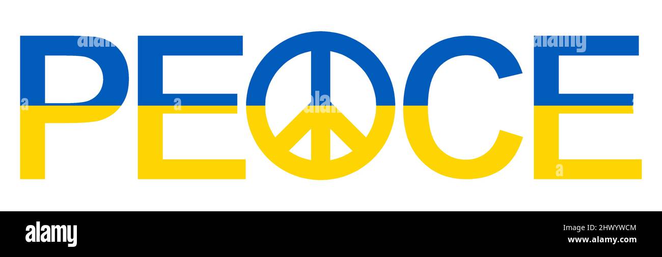 eps-Vektor-Illustration mit Buchstaben Frieden und Frieden Zeichen farbig mit Länderfarben der ukraine für den Konflikt mit russland 2022 Stock Vektor