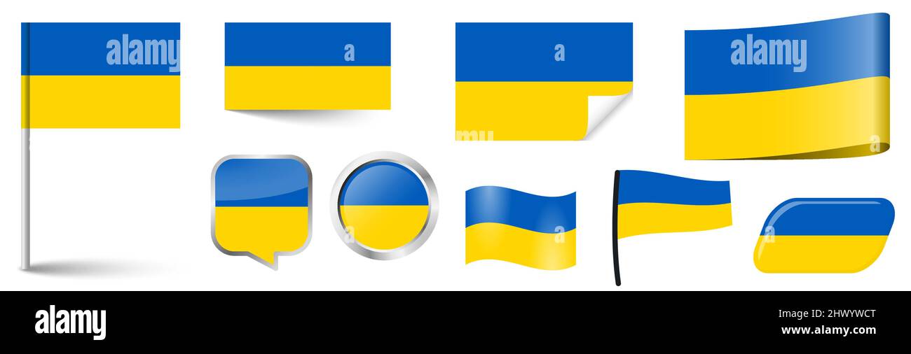 eps-Vektor-Illustration mit Sammlung von Fahnen und Knöpfen mit Nationallandfarben der Ukraine Stock Vektor