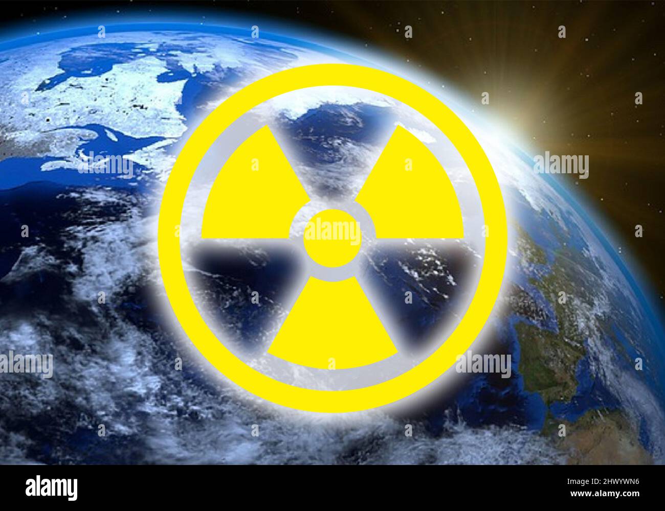 Bild der Erdanlage mit dem Symbol der Radioaktivität, Konzept des Atomkrieges, Konzept des Atomkrieges. Stockfoto