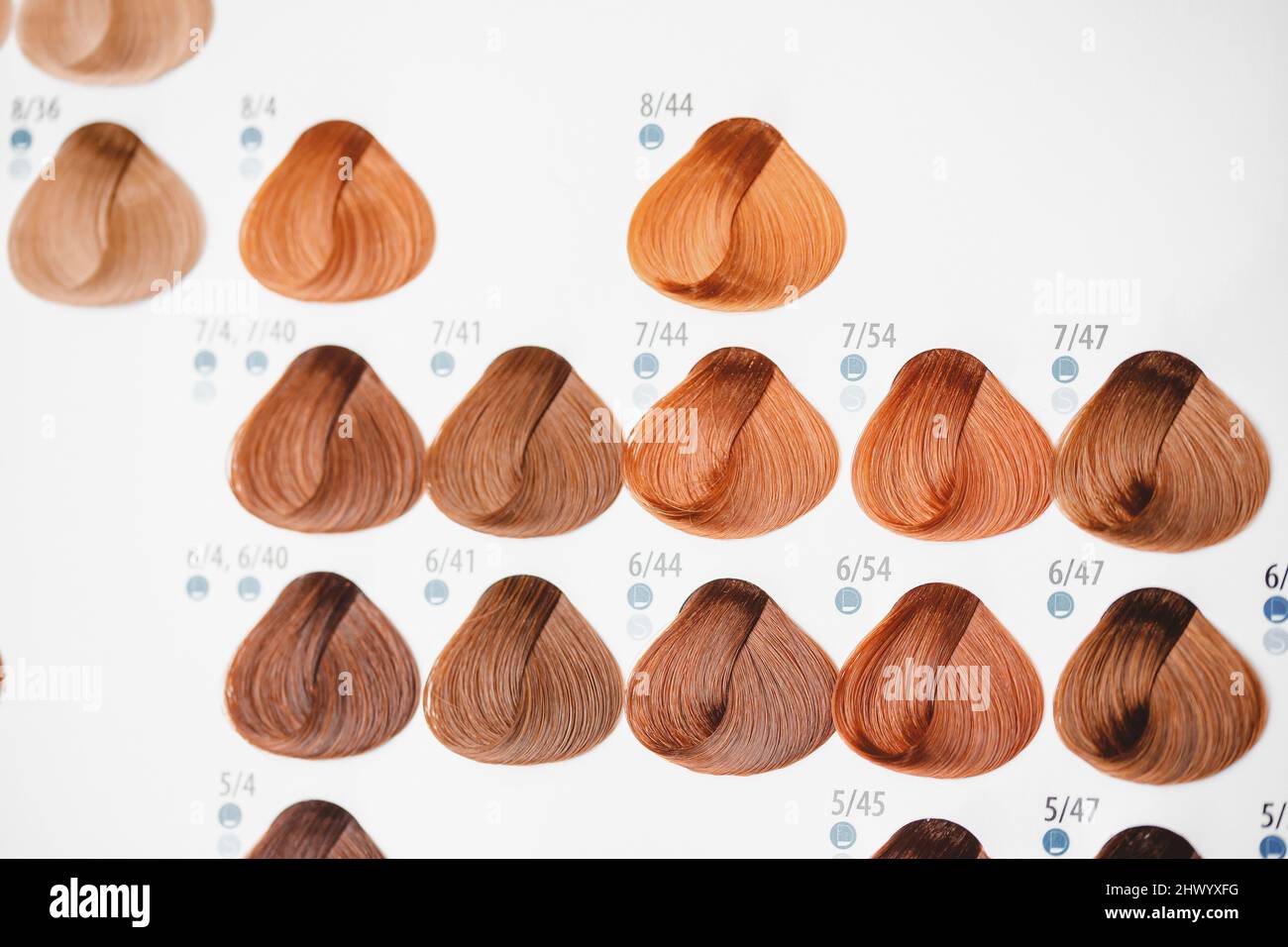 Farbkarte für Tönungen. Haar Farbpalette mit einer Vielzahl von Muster.  Gefärbte Haare Farbe Proben auf einer Karte, die in den ordentlichen Reihen  angeordnet. Tönungen. Farbe gesetzt werden. Uhr Stockfotografie - Alamy
