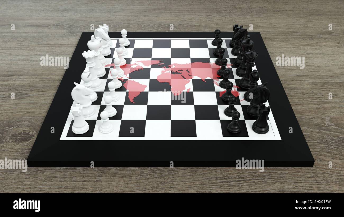 World Chessboard - Schachspiel mit Weltkarte - 3D Rendering Stockfoto