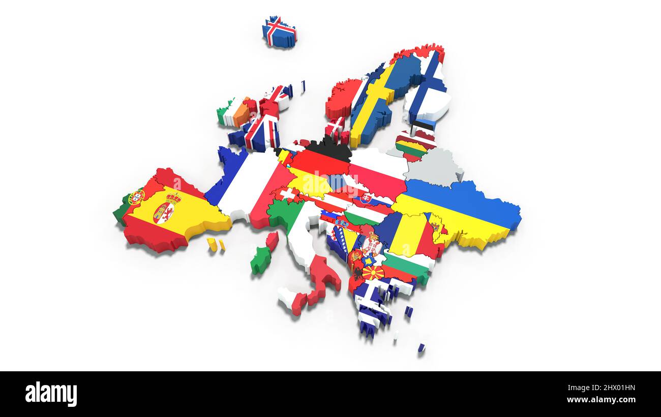 Karte von Europa mit den Flaggen jedes Landes - 3D Rendering Stockfoto