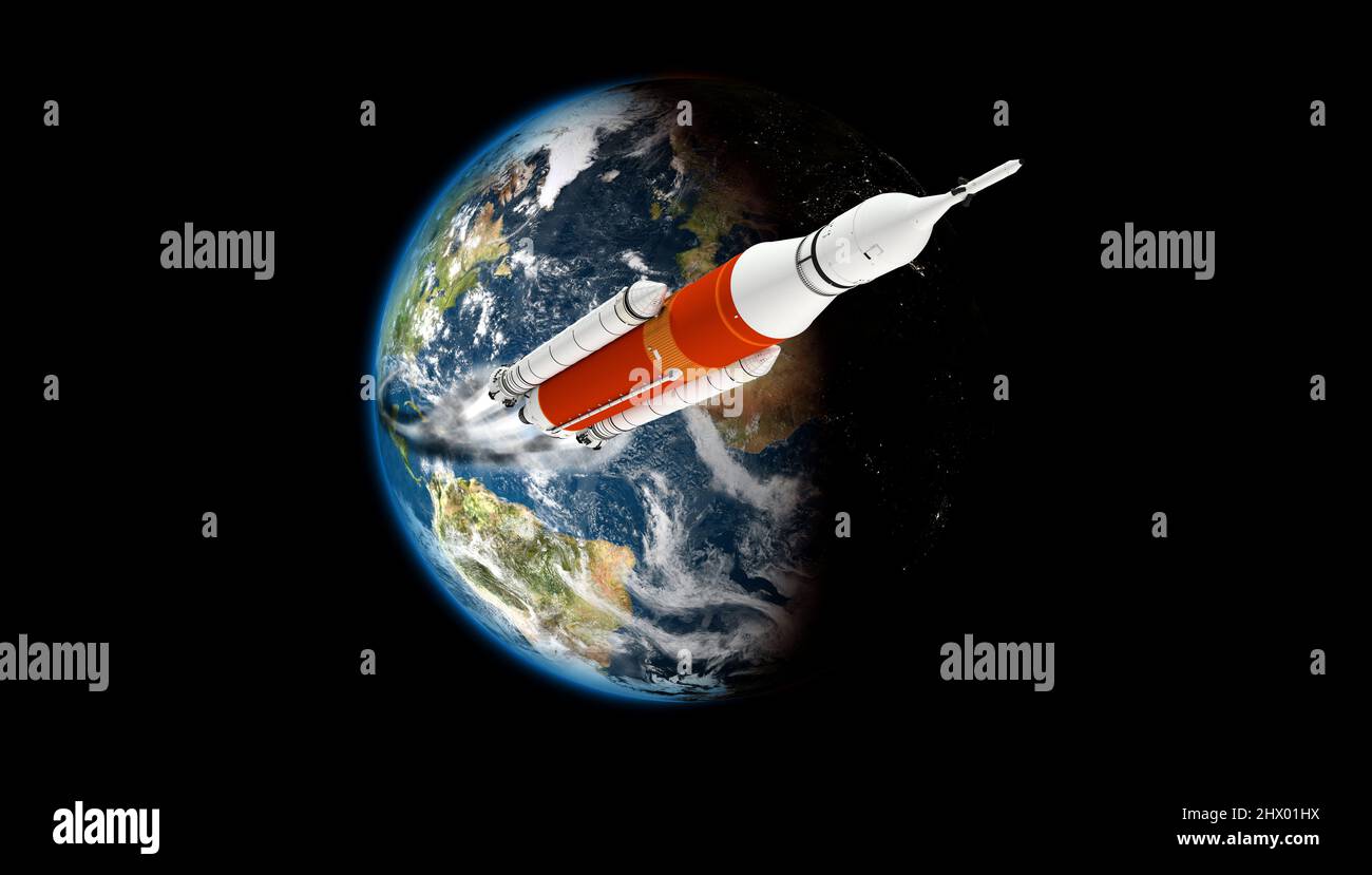 US-Rakete geht zum Mond - Modell und Karten von der NASA eingerichtet - 3D Rendering Stockfoto
