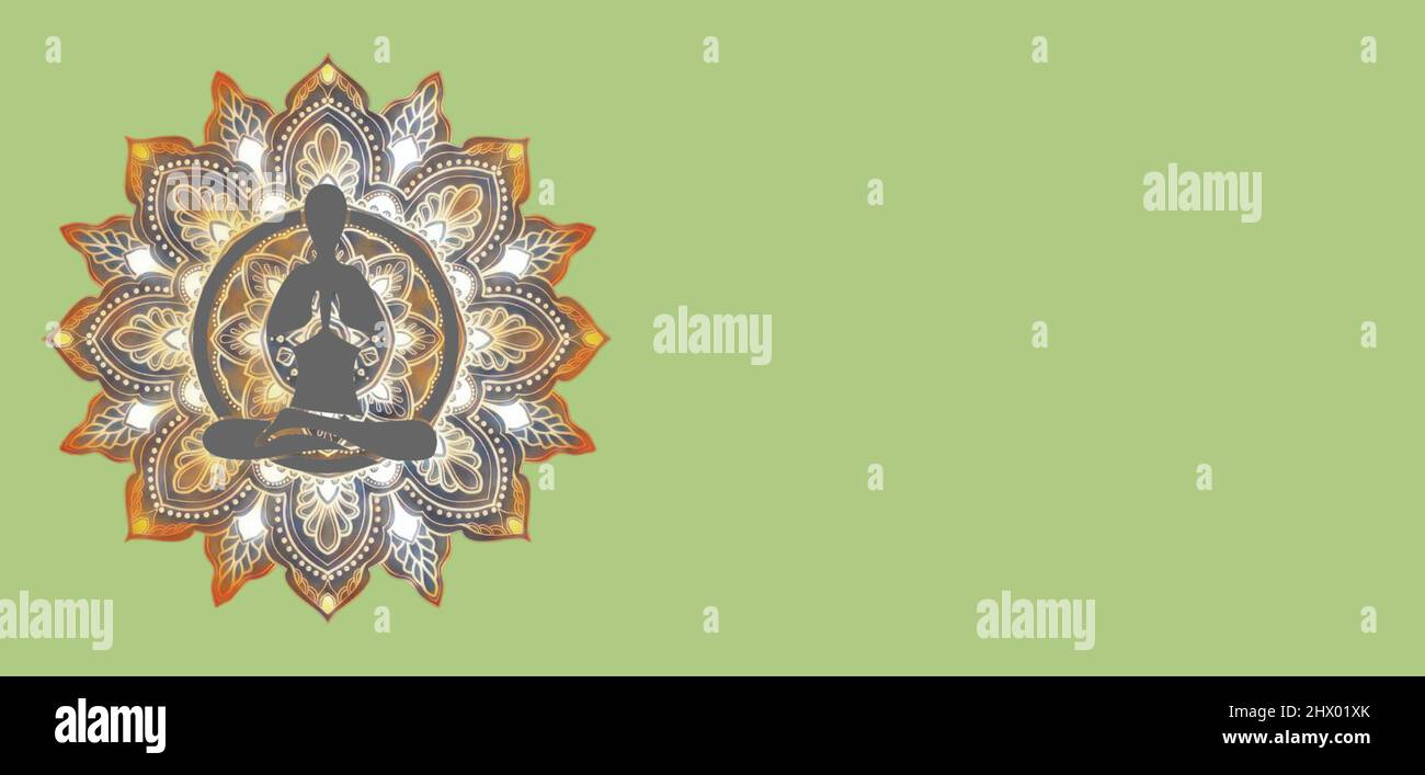 Spiritueller Hintergrund mit menschlicher Silhouette meditierend und Lebensbaum Stockfoto