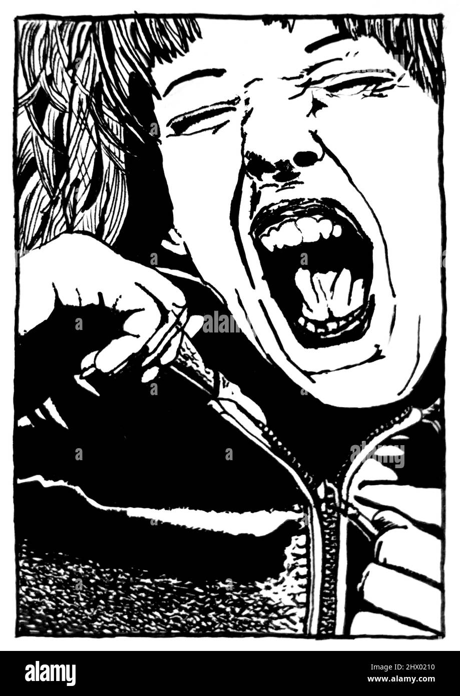 Eine Zeichnung mit schwarzem Stift zeigt eine Frau mittleren Alters. Sie befreit sich symbolisch von Fesseln, sichtbar als Befreiung von einer Lederjacke. Stockfoto