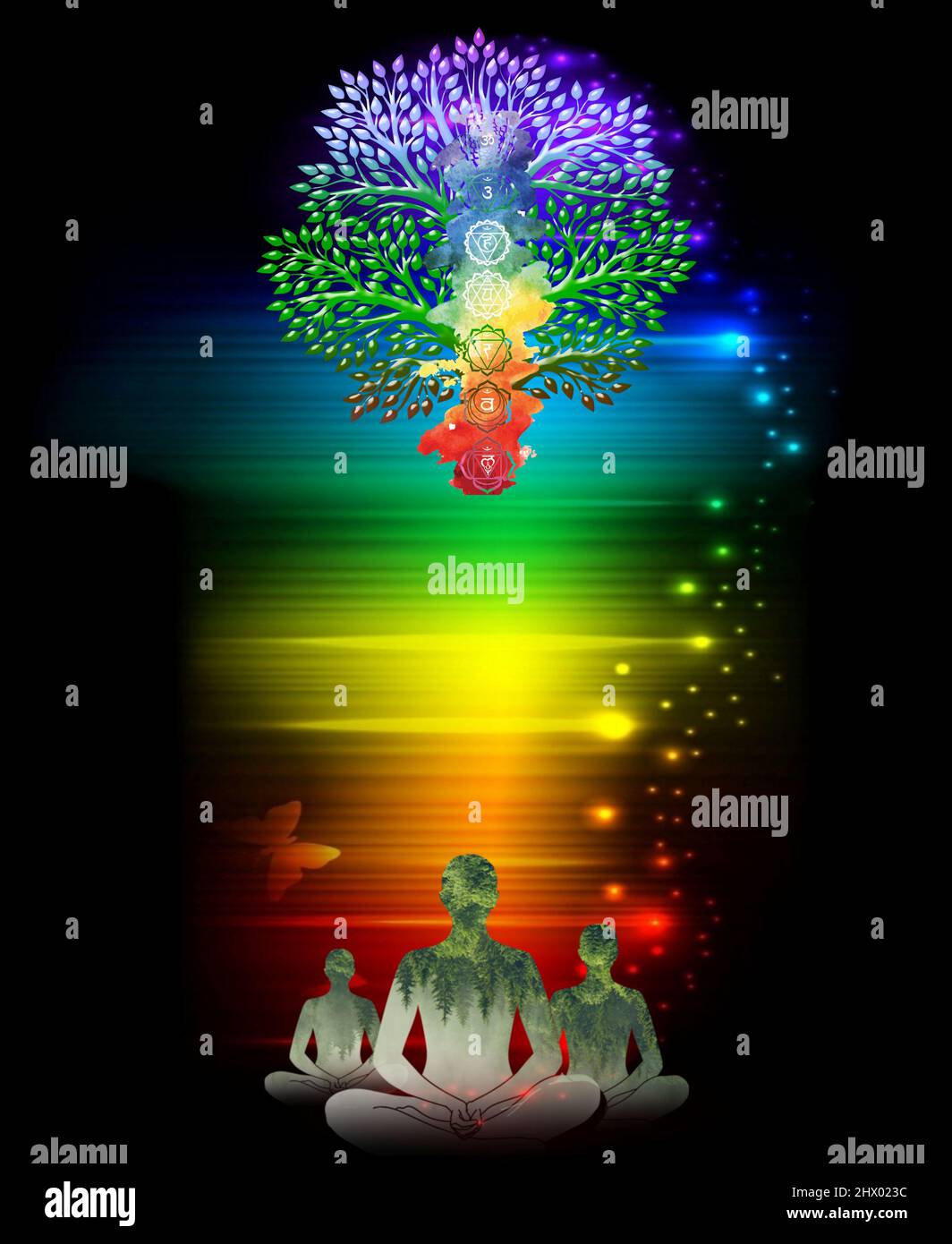 Spiritueller Hintergrund mit menschlicher Silhouette meditierend und Lebensbaum Stockfoto